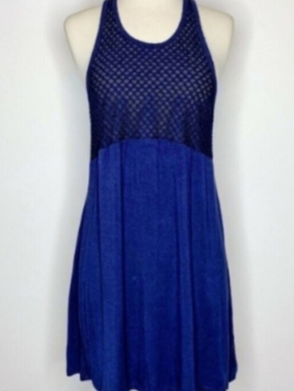 Sleeveless Blue Mesh Yoke Mini Dress Beach Coverup Medium Racer-back
